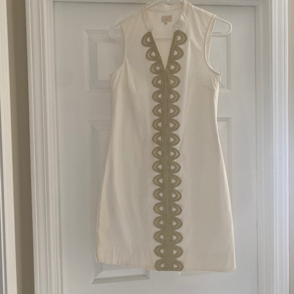 White Cotton Dress with Gold Embellishment